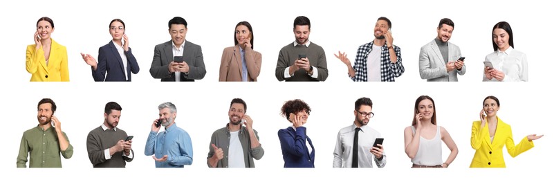 Image of Collage with photos of people using mobile phones on white background
