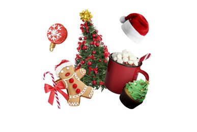 Image of Christmas celebration. Different festive stuff in air on white background