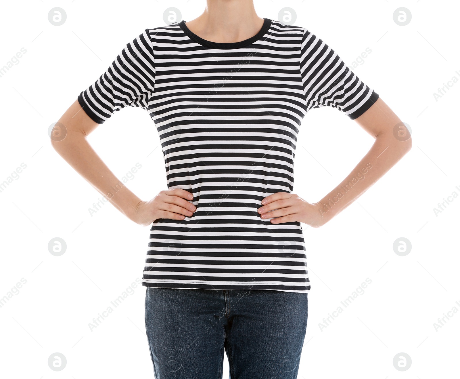 Photo of Young slim woman on white background, closeup. Weight loss