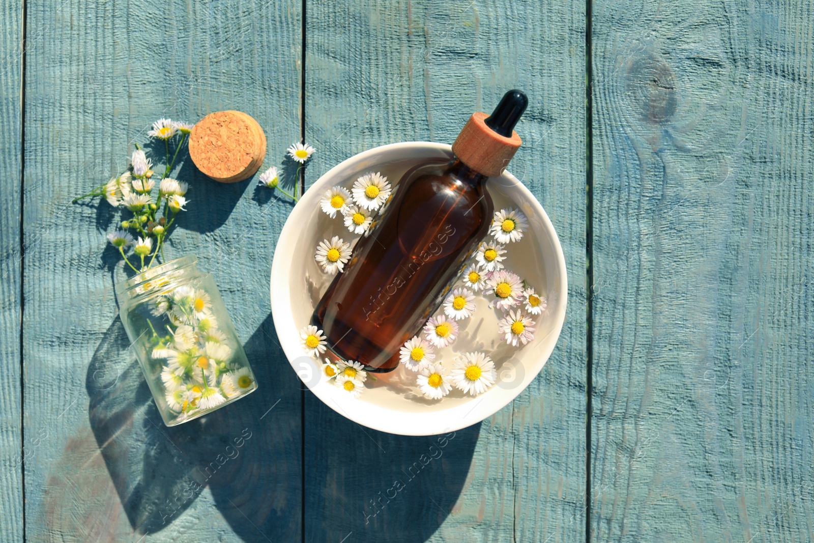 Photo of Bottle of chamomile essential oil and flowers on light blue wooden table, flat lay