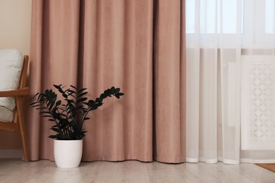 Photo of Stylish room interior with houseplant and beautiful window curtains