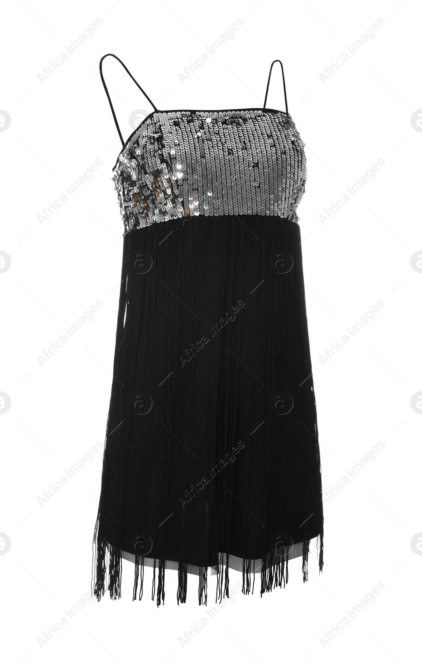 Photo of Beautiful short black party dress with paillettes on white background