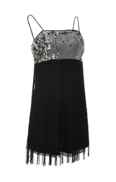 Photo of Beautiful short black party dress with paillettes on white background