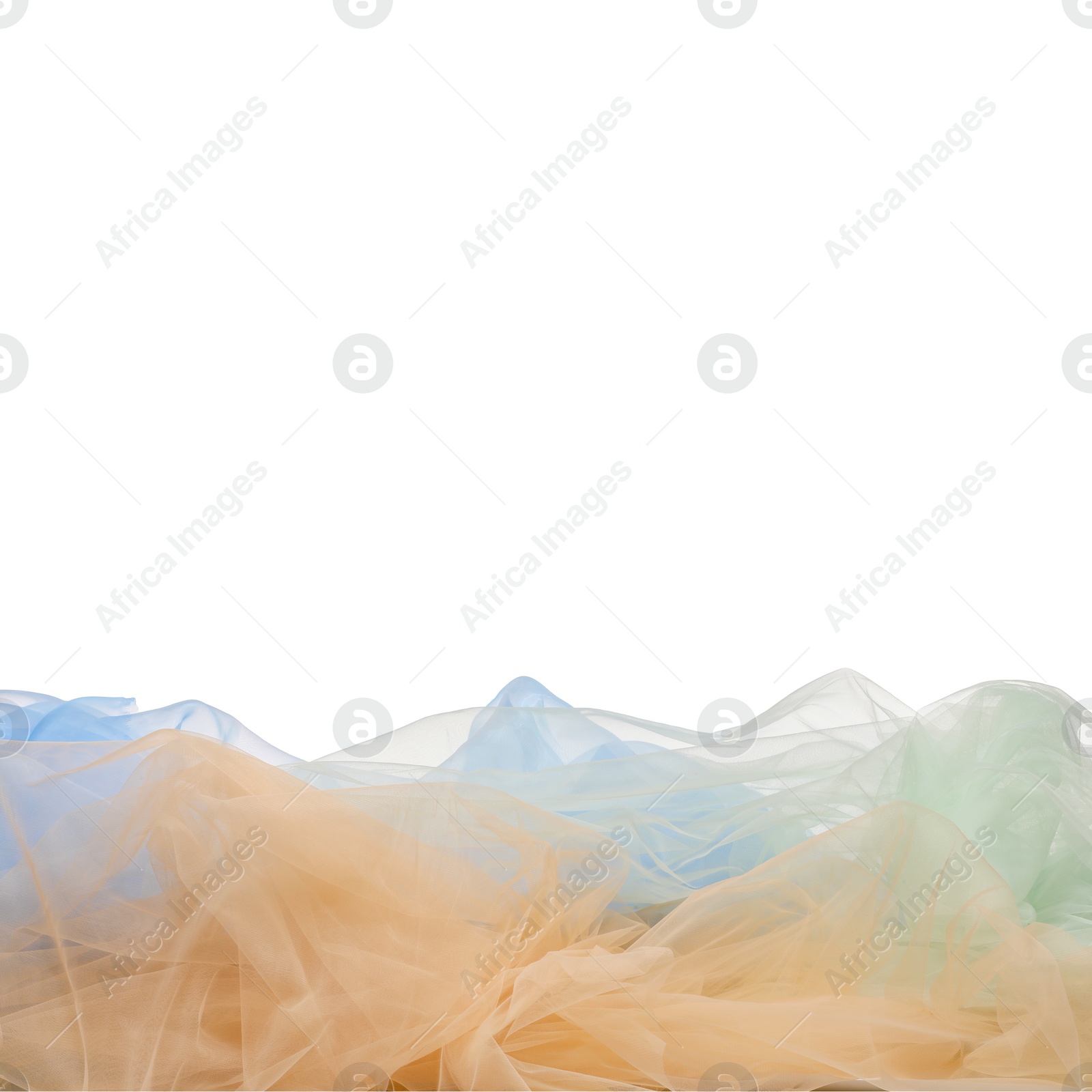 Photo of Beautiful colorful tulle fabrics on white background. Space for text