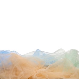 Photo of Beautiful colorful tulle fabrics on white background. Space for text