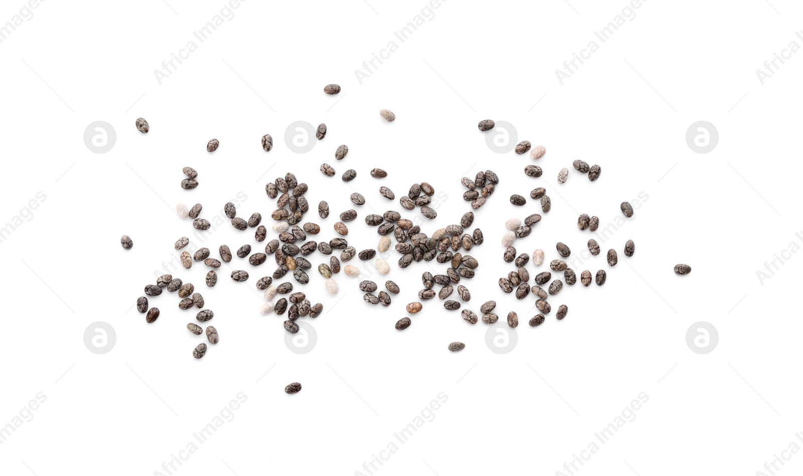 Photo of Chia seeds on white background, top view