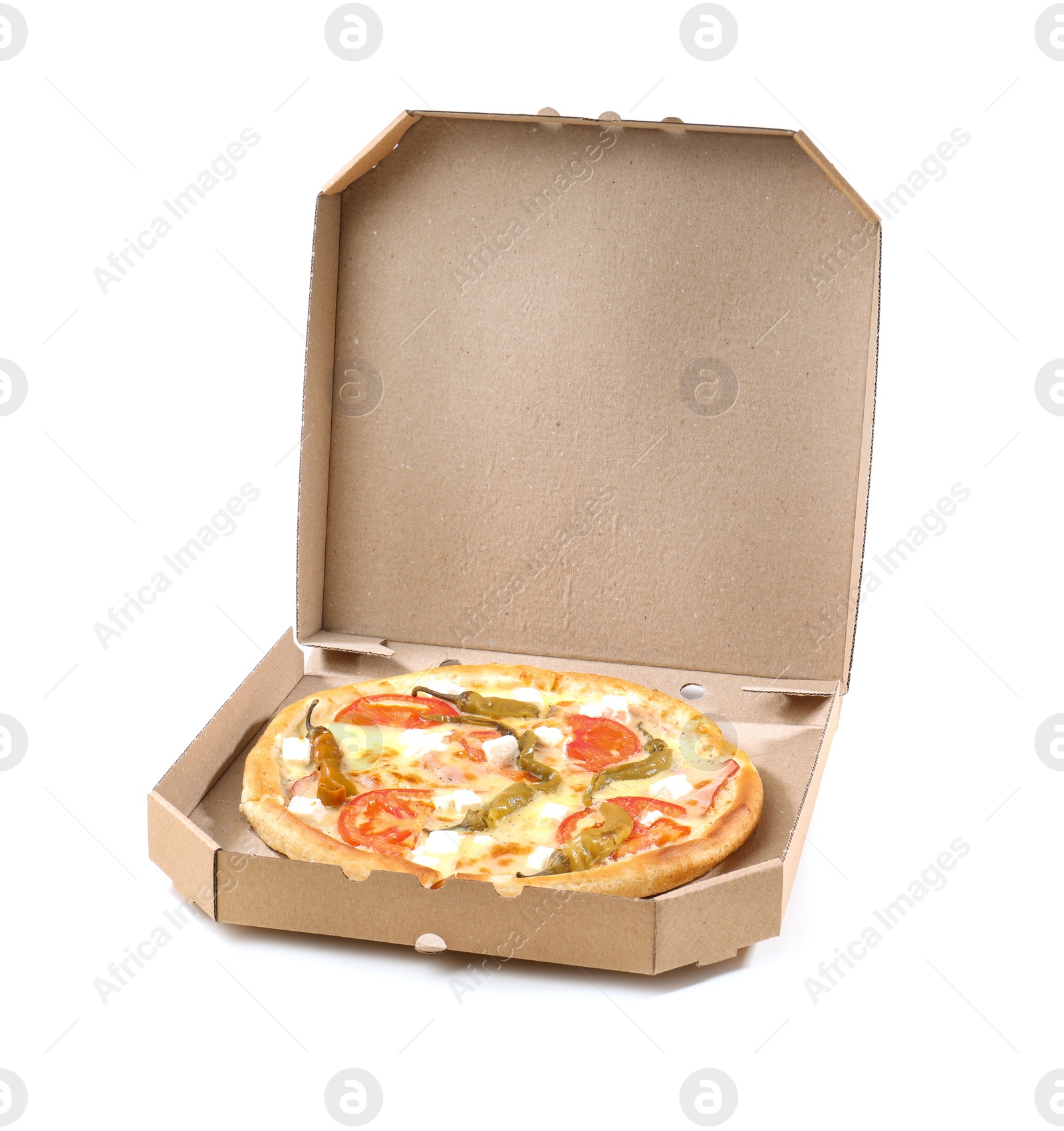 Photo of Open cardboard box with delicious pizza on white background. Food delivery