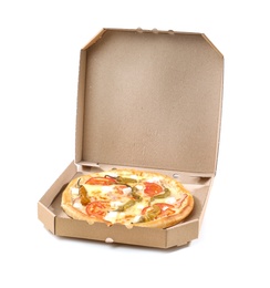 Open cardboard box with delicious pizza on white background. Food delivery