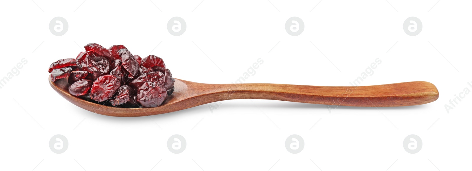 Photo of Spoon with dried cranberries isolated on white