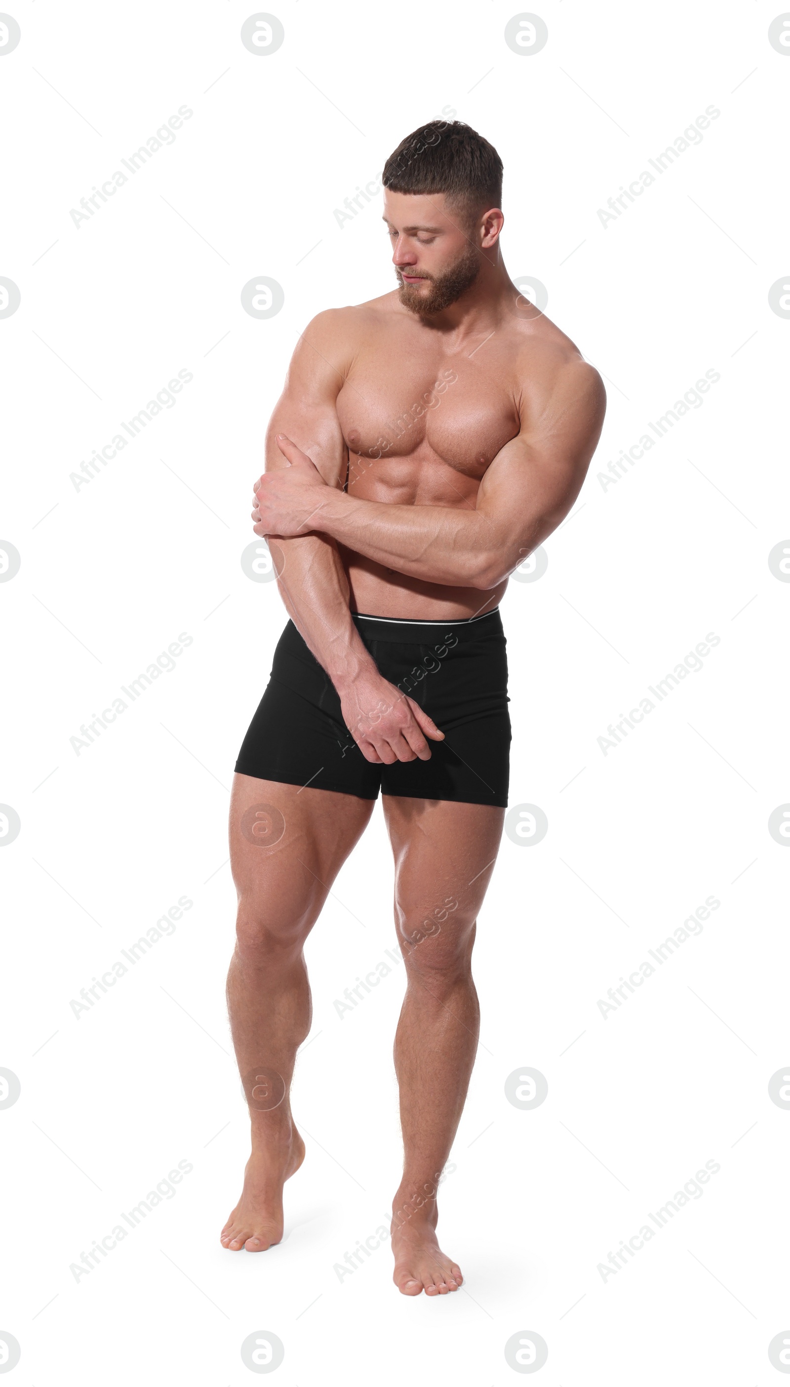 Photo of Young man is stylish black underwear on white background