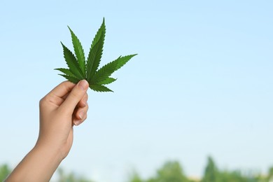 Woman holding hemp leaves against blue sky, closeup. Space for text