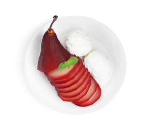 Photo of Tasty red wine poached pear and ice cream isolated on white, top view