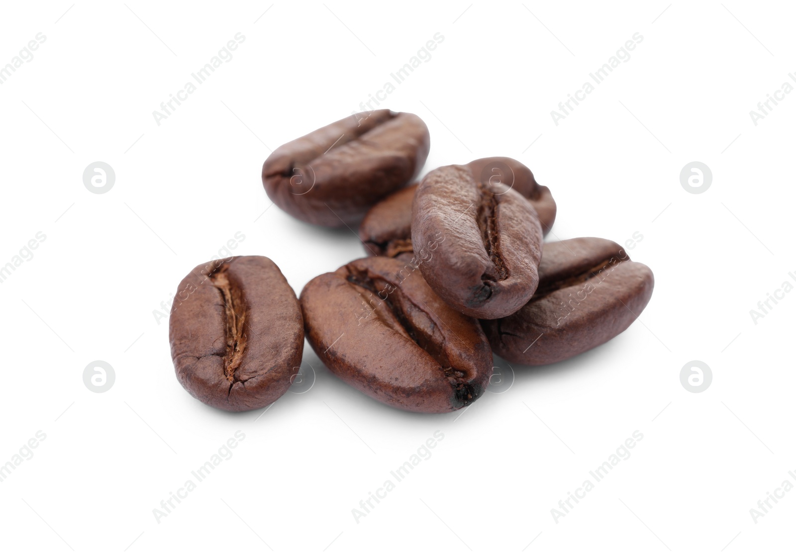 Photo of Many aromatic roasted coffee beans isolated on white