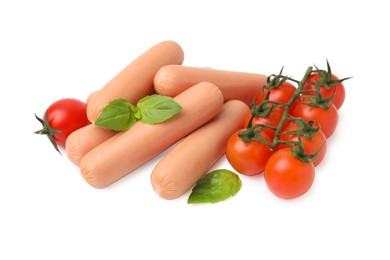 Delicious boiled sausages, tomatoes and basil on white background