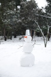 Cute snowman with metal bucket and carrot nose outdoors on winter day