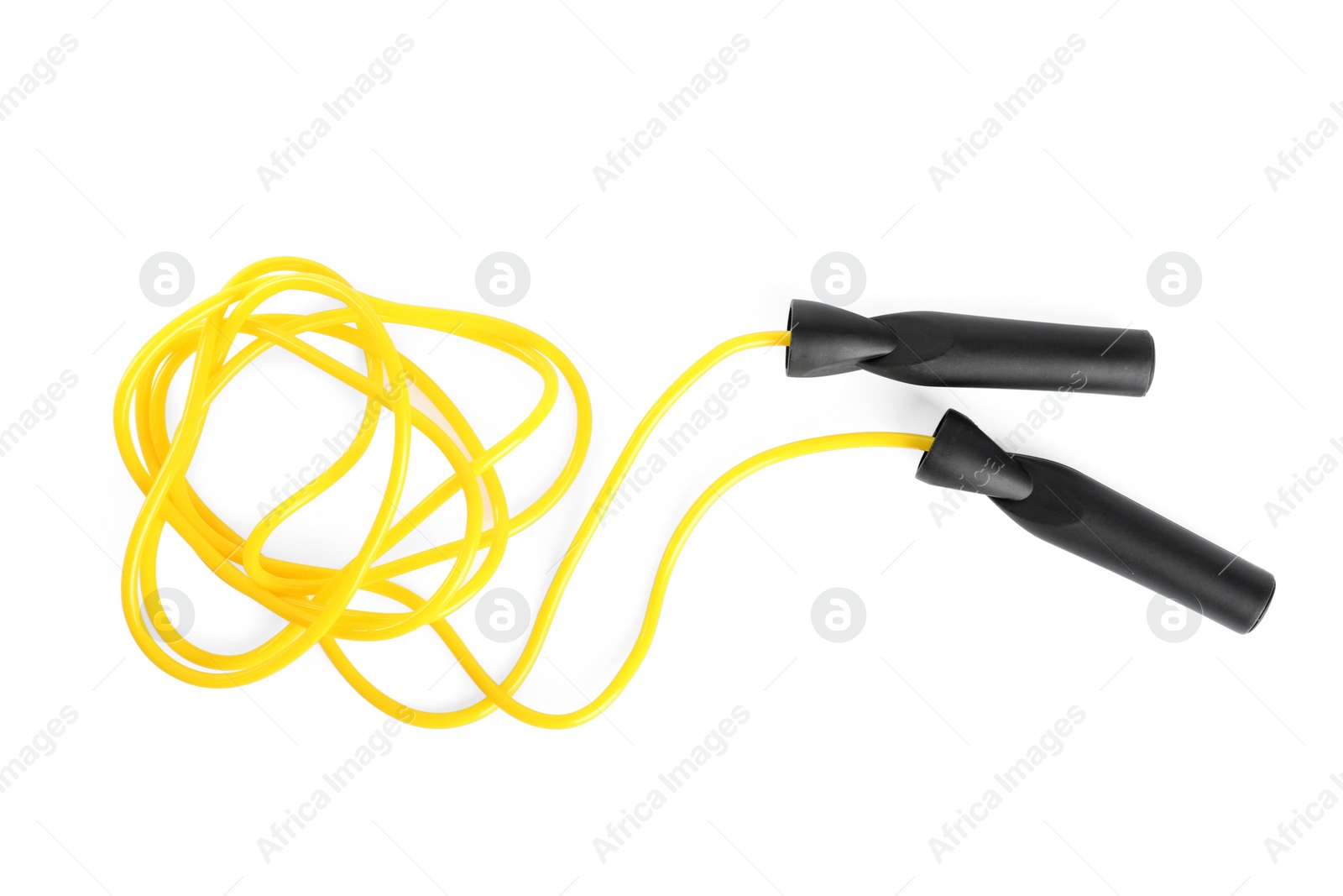 Photo of Yellow skipping rope with black handles isolated on white, top view