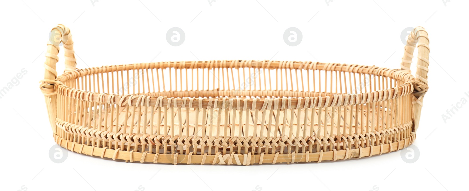 Photo of One empty wicker bread basket isolated on white