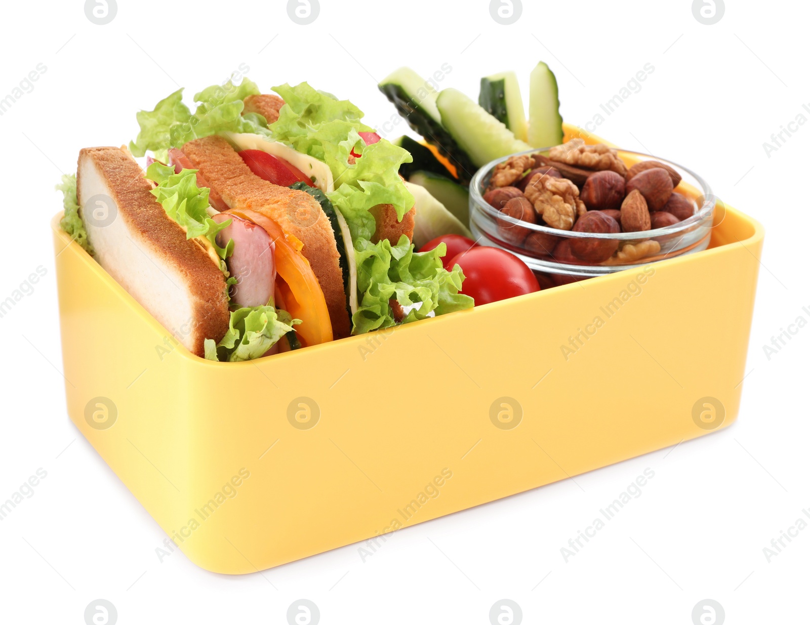 Photo of Lunch box with healthy food for schoolchild isolated on white