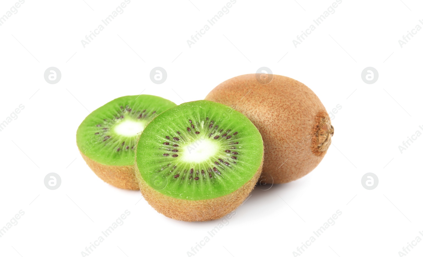 Photo of Cut and whole fresh kiwis on white background