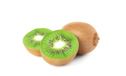 Photo of Cut and whole fresh kiwis on white background