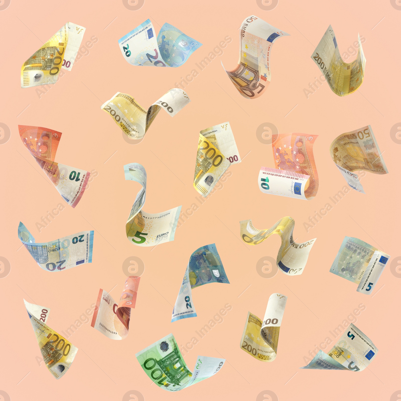 Image of Set of falling money on pale pink background. Currency exchange