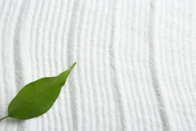 Photo of Zen rock garden. Wave pattern on white sand and green leaf, top view