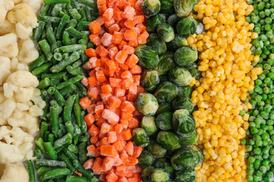 Different frozen vegetables as background, top view