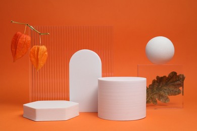 Photo of Autumn presentation for product. Geometric figures, dry leaf and physalises on orange background