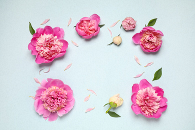 Beautiful fresh peonies on light blue background, flat lay. Space for text