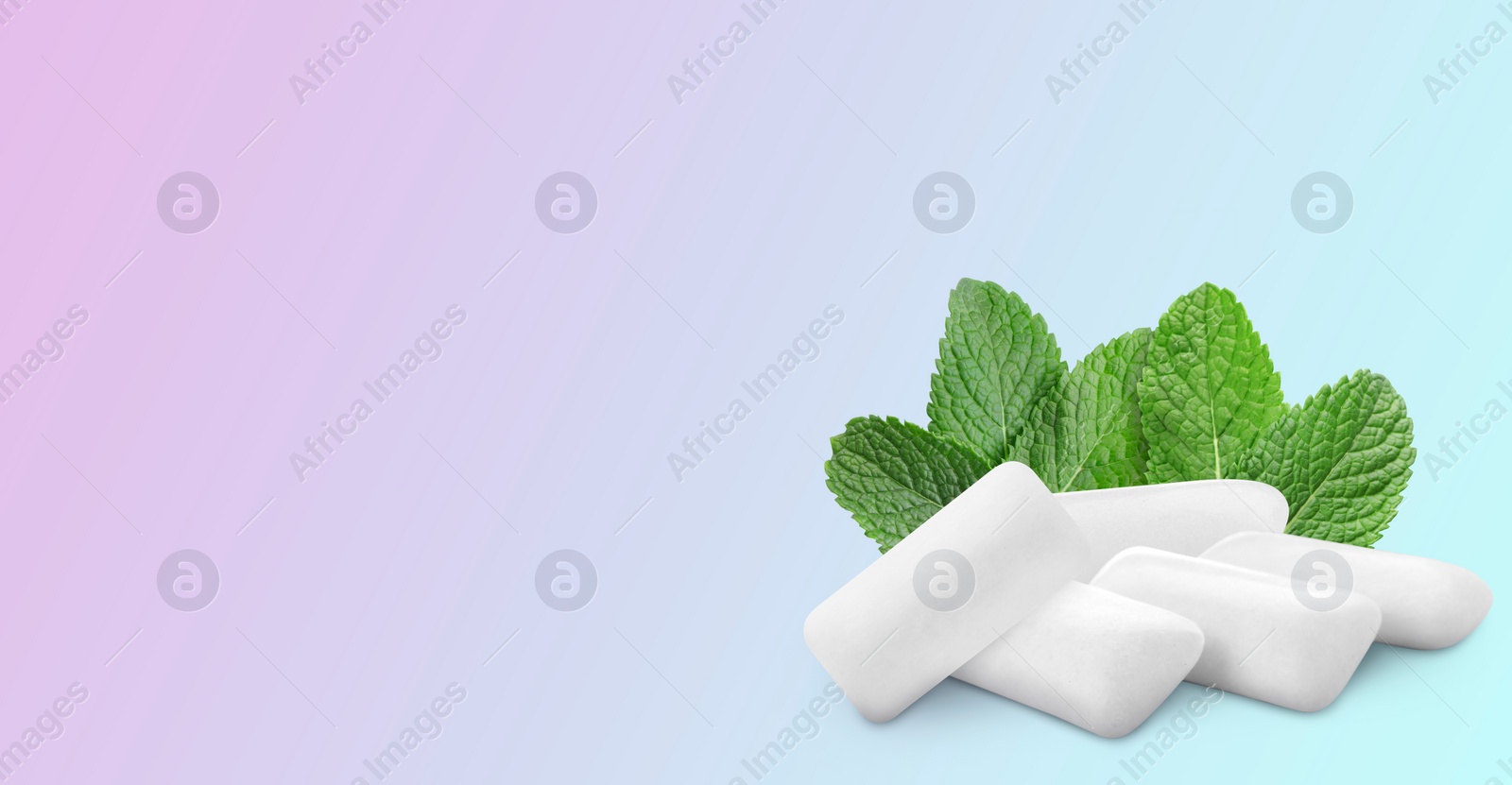 Image of Menthol chewing gum pillows and mint leaves on color gradient background, space for text. Banner design