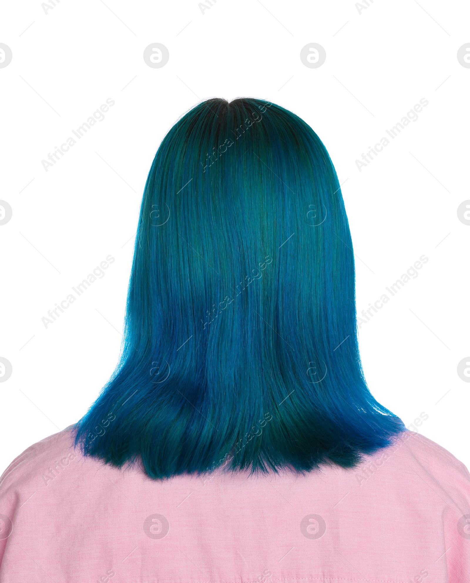 Photo of Woman with bright dyed hair on white background, back view