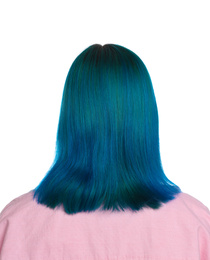 Woman with bright dyed hair on white background, back view