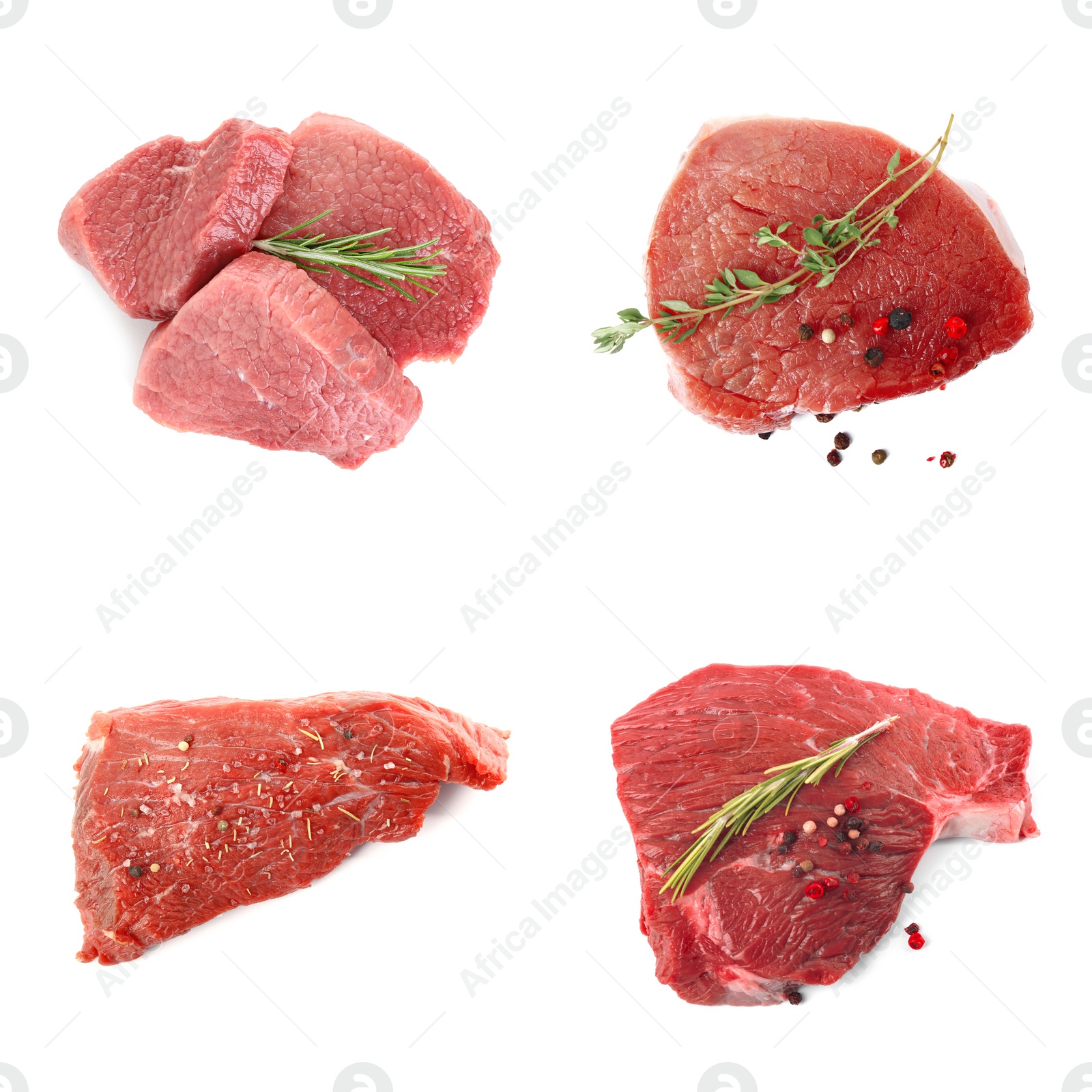 Image of Set with raw meat on white background, top view