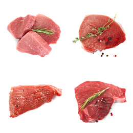 Set with raw meat on white background, top view