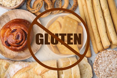 Image of Different gluten free products on textured table, flat lay