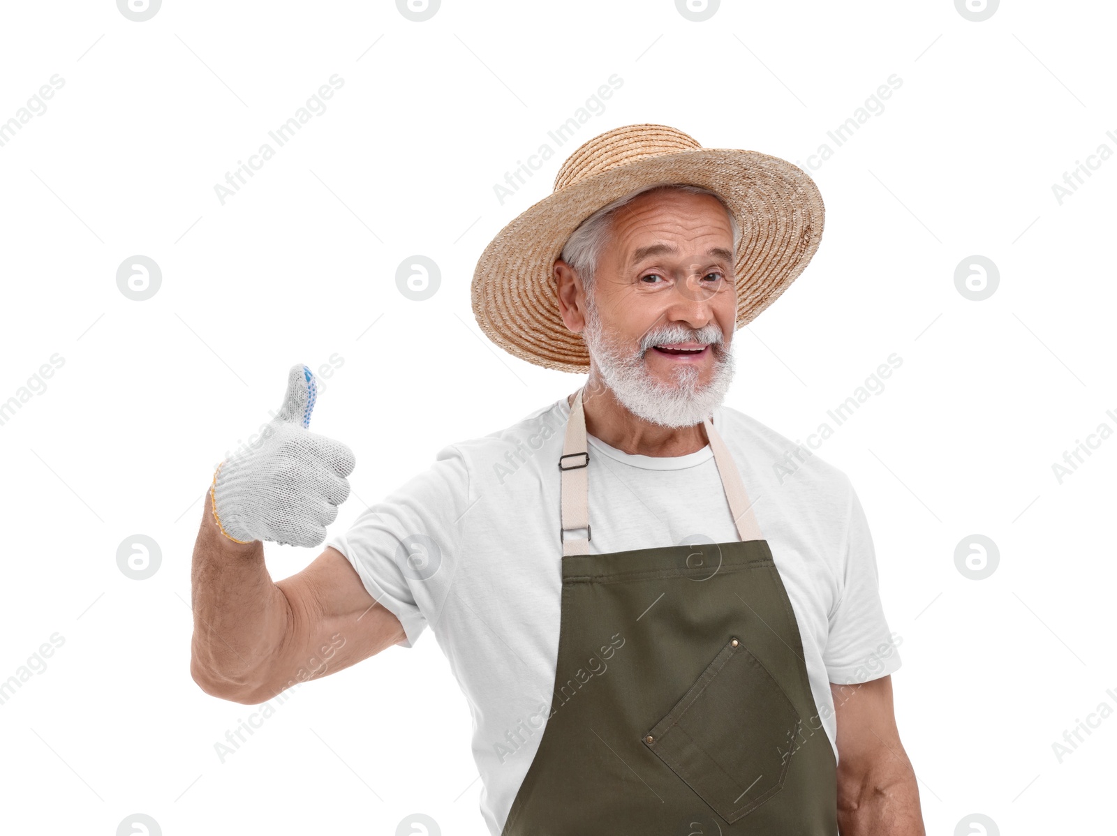 Photo of Harvesting season. Happy farmer showing thumb up on white background