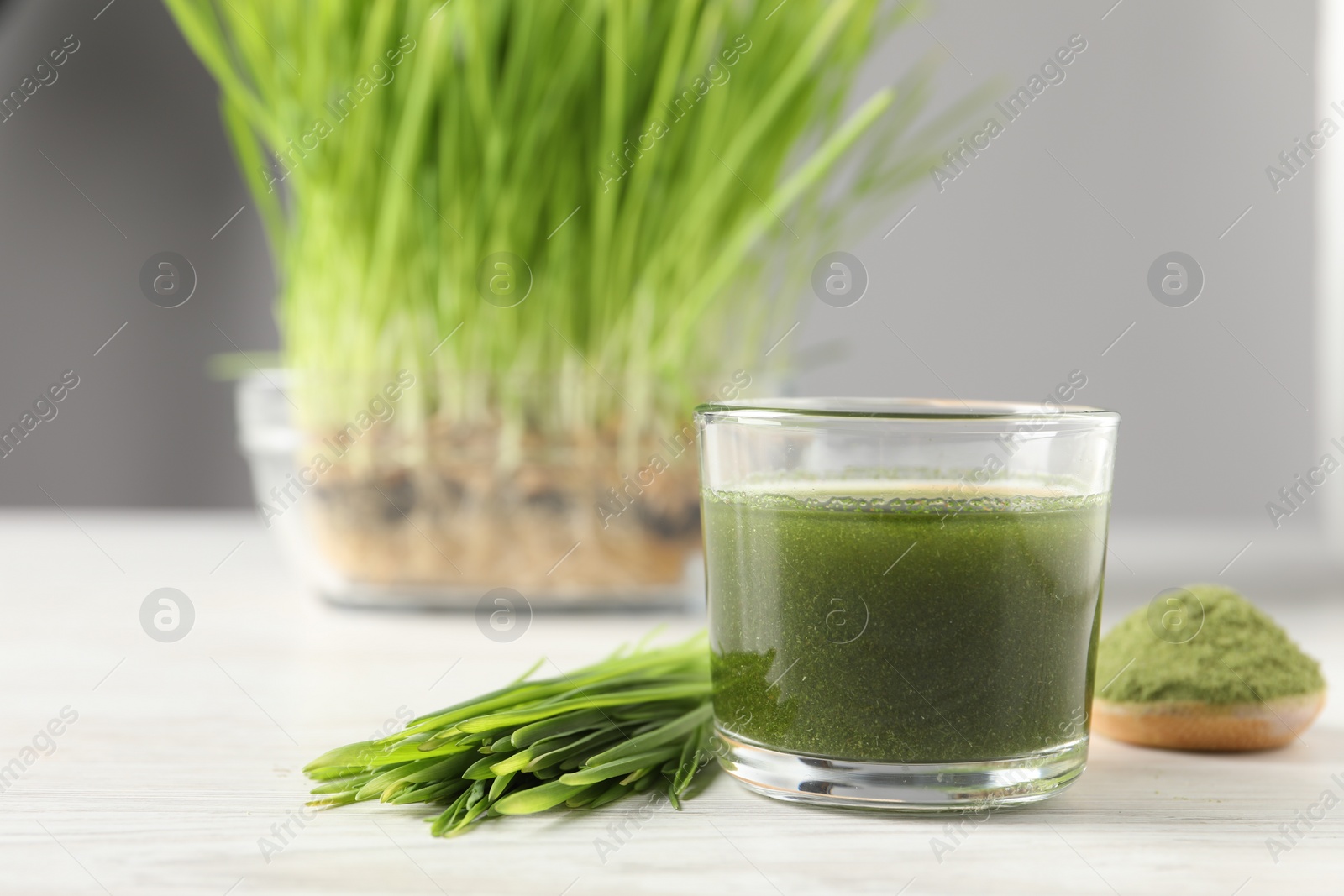 Photo of Wheat grass drink in glass and fresh sprouts on white wooden table, closeup