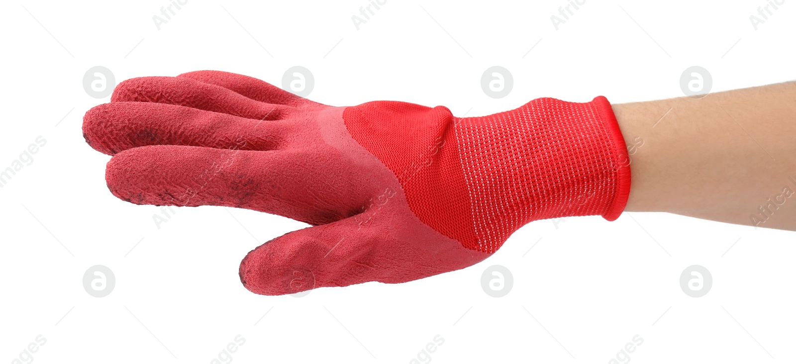 Photo of Woman in gardening glove on white background, closeup