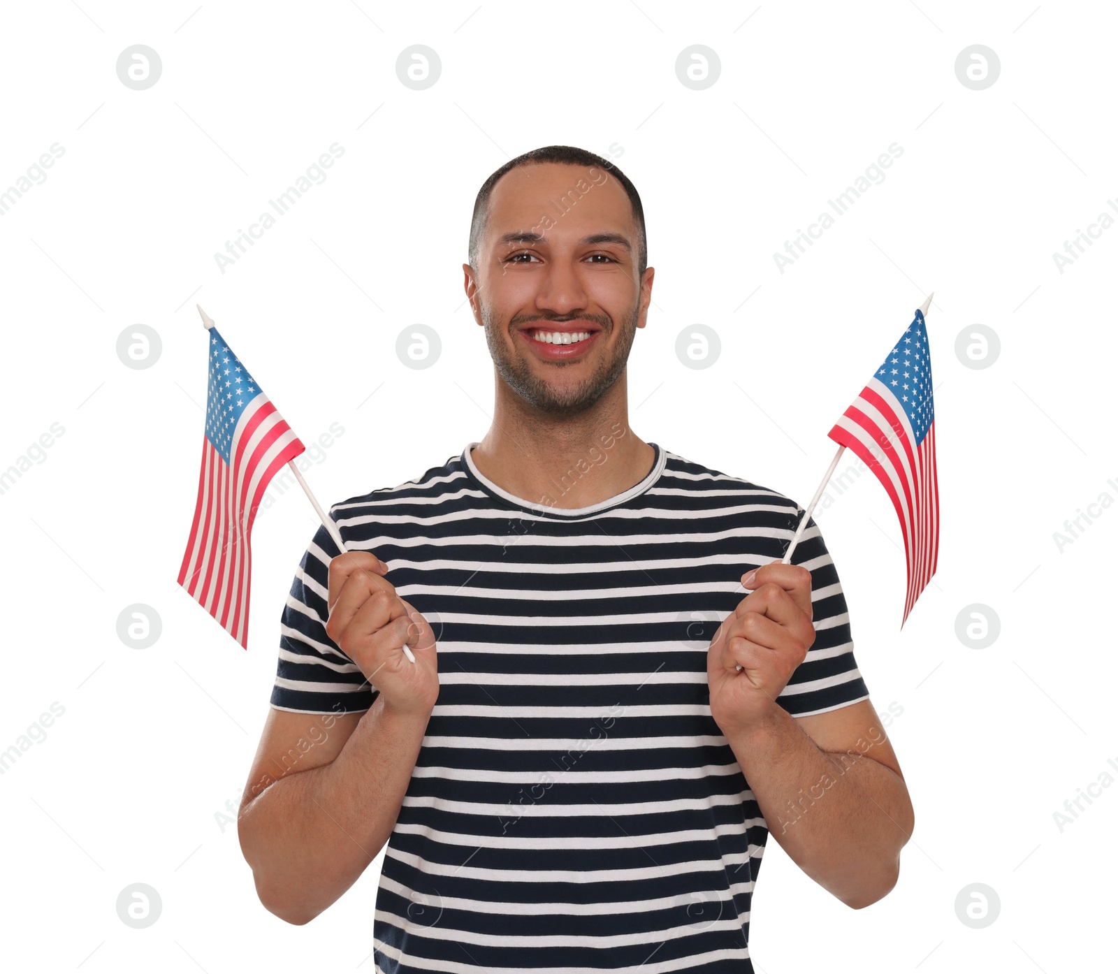 Photo of 4th of July - Independence Day of USA. Happy man with American flags on white background