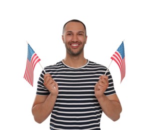 4th of July - Independence Day of USA. Happy man with American flags on white background