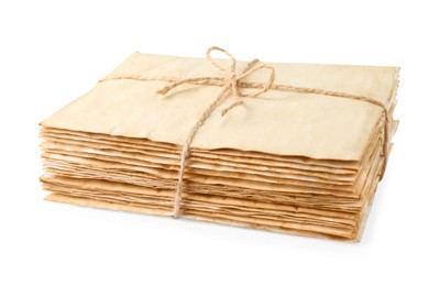 Stack of old letters wrapped with twine on white background