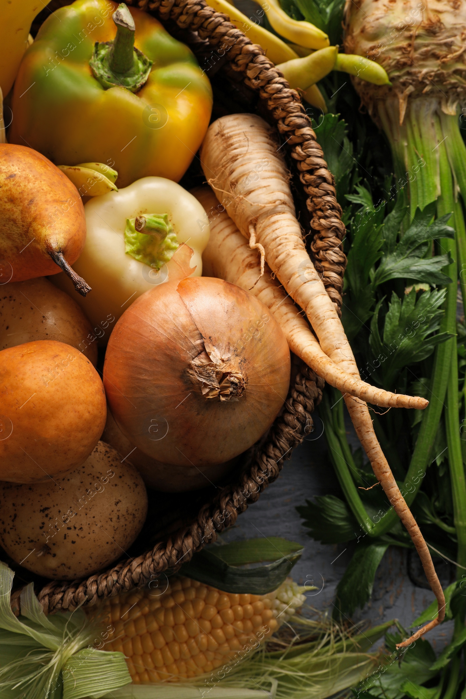 Photo of Different fresh ripe vegetables and fruits on wooden table, flat lay