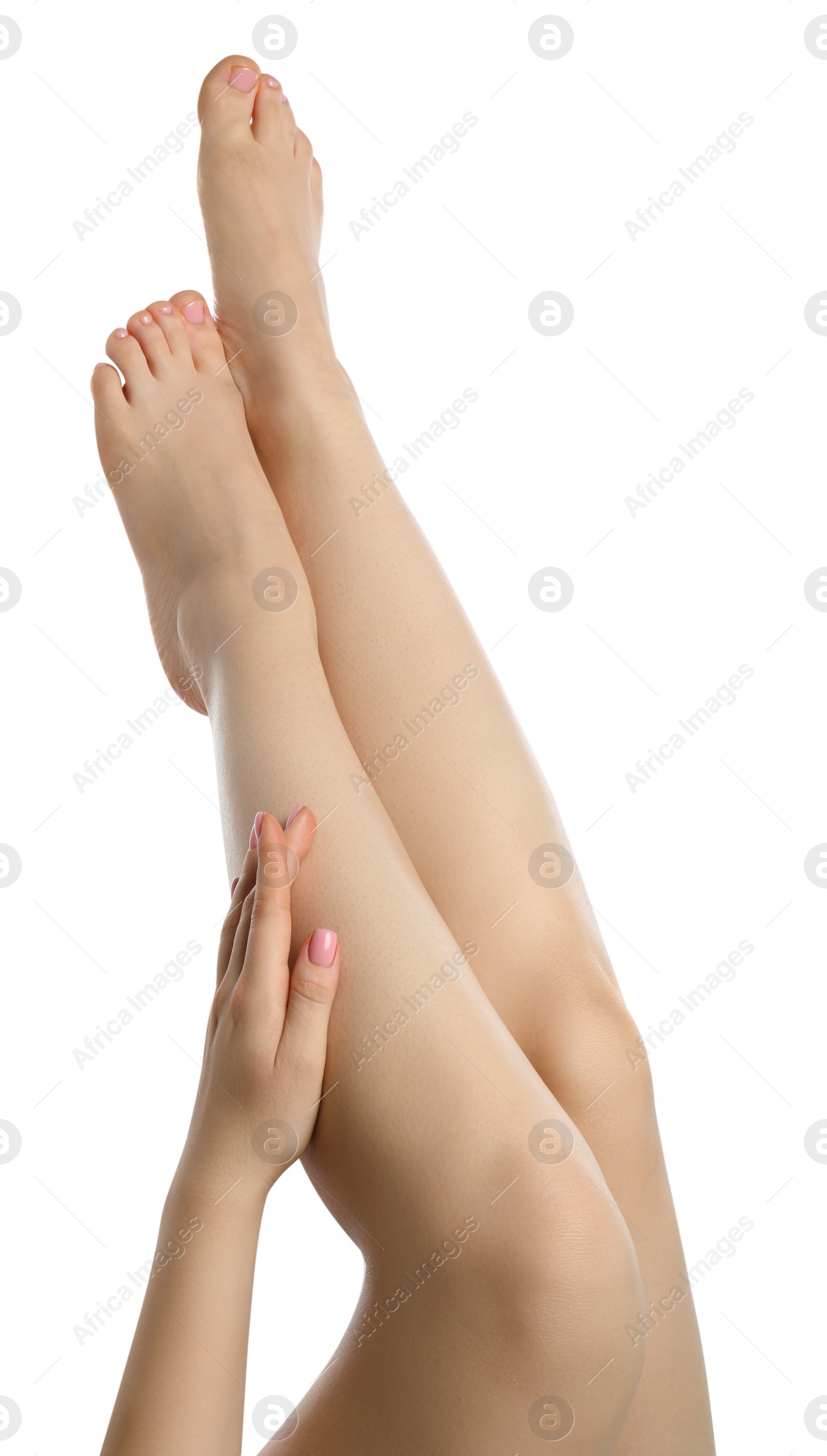 Photo of Woman with beautiful legs isolated on white, closeup