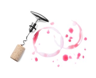 Wine stains, corkscrew and stopper on white background, top view