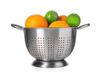 Photo of Colander with fresh fruits isolated on white