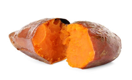 Photo of Delicious baked sweet potato on white background