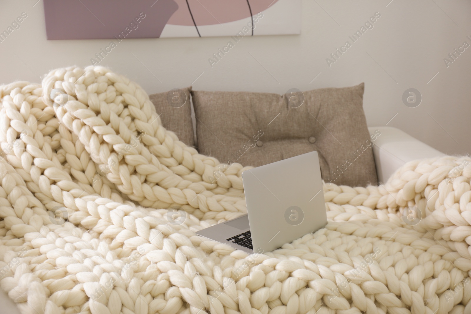 Photo of Soft knitted blanket and modern laptop on couch in living room. Interior element