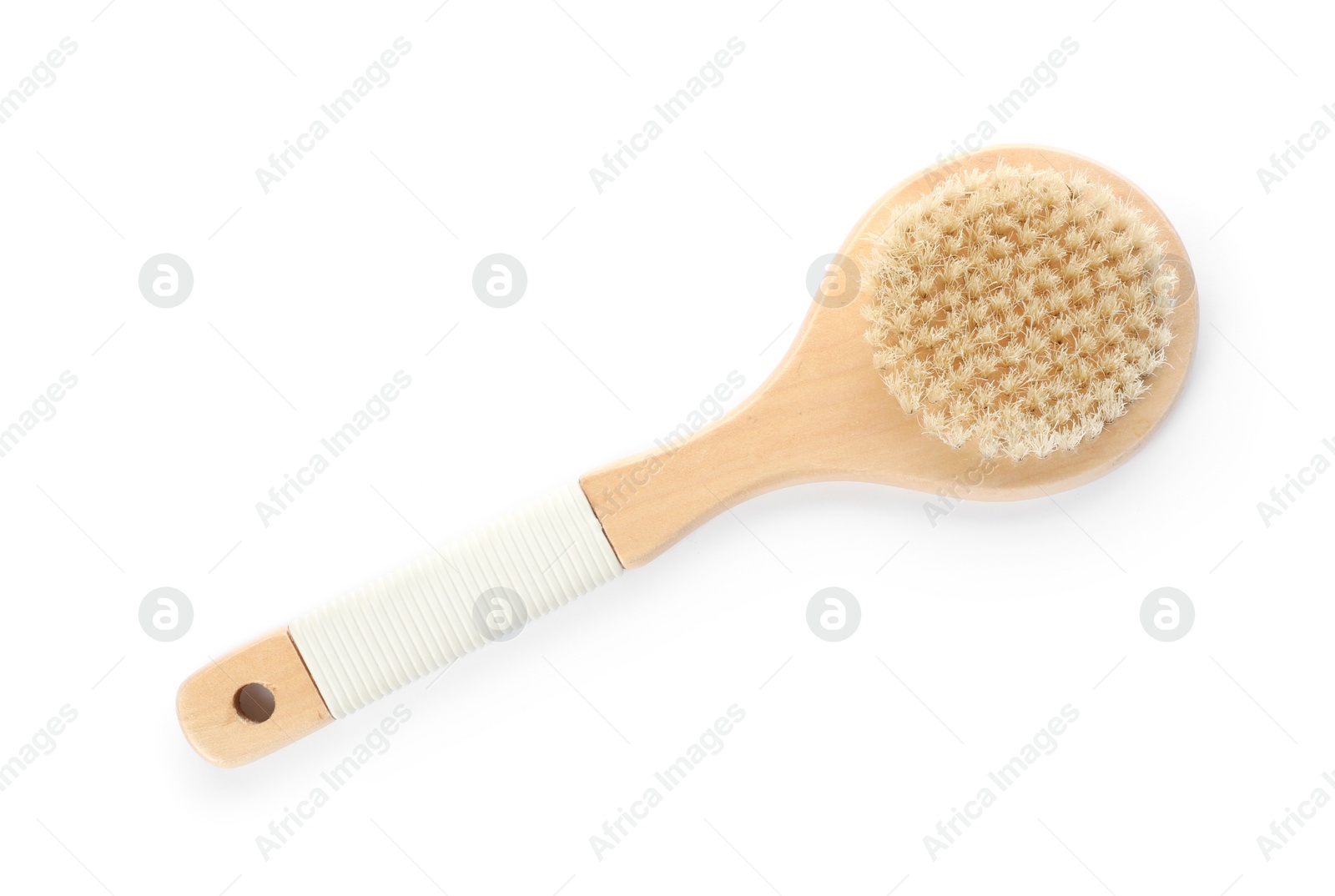 Photo of Bath brush made of bamboo on white background, top view