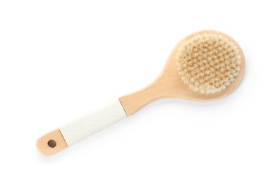 Bath brush made of bamboo on white background, top view