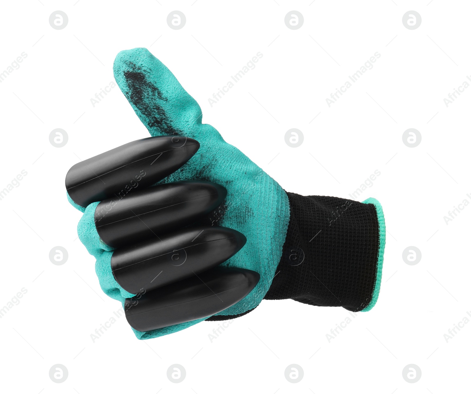 Image of One dirty gardening glove with claws isolated on white